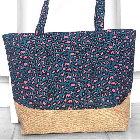 LLK Handbags - Teal pink leopard print women’s large jute canvas tote bag